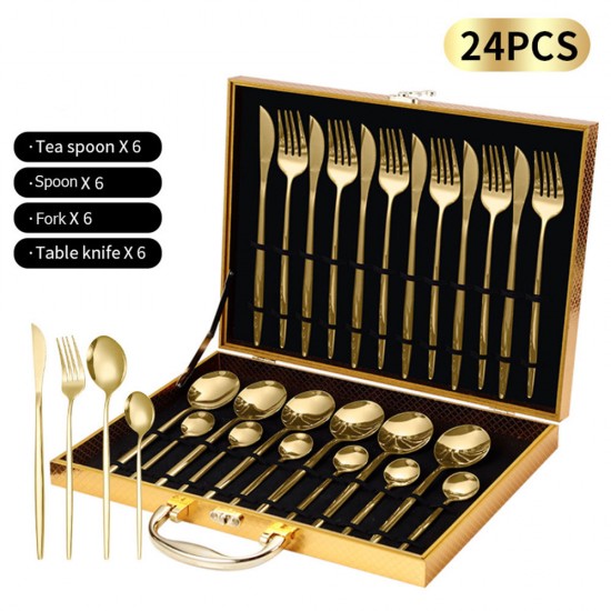 Hot Sale Wood Packing Box Fork Knife Spoon Black Gold Flatware 24pcs Stainless Steel Silverware Cutlery Set for Weeding Party