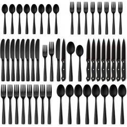 Black Flatware Set for 8 Stainless Steel Tableware Cutlery Set 48-Piece Matte Black Silverware Set with Steak Knives