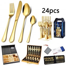 Luxury 24 Piece Home Flatware 1010 Gold Forks Spoons Knives Set 24 PCS Stainless Steel Cutlery with Box Case