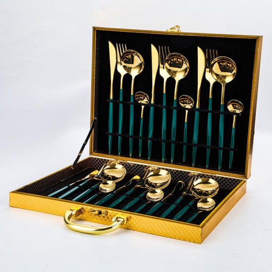 Utensil Fork Knife Spoon Black Gold Flatware Stainless Steel Cutlery 24pcs Set With Wooden Box