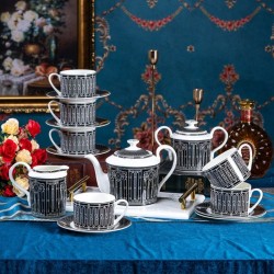 New Designs Luxury Black Stripes Deco Ceramic Coffee Tea Cup Set Fine Bone China Coffee Set