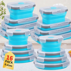 16-Pack Foldable Silicone Lunch Containers Collapsible Bowls Set Microwave Freezer Dishwasher Safe Blue Food Storage Box