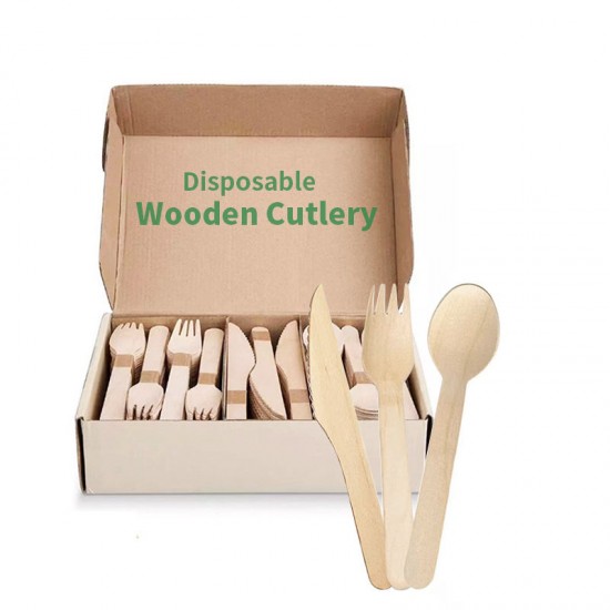 Best Seller Eco-Friendly Natural Wooden Disposable Cutlery Set Includes Knife Fork Spoon for Travel with Kraft Lunch Box