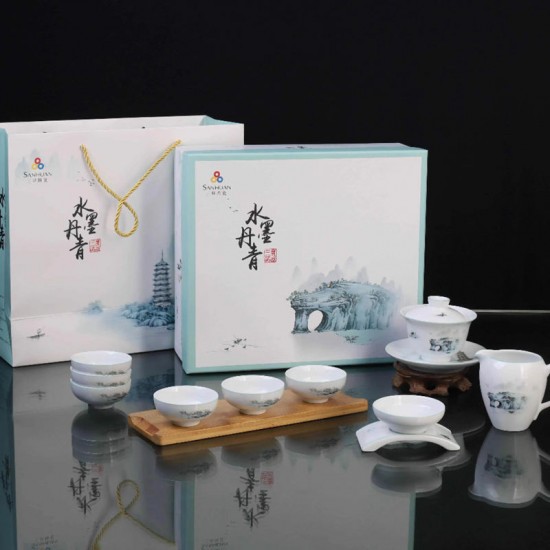 New Chinese Style 10 Piece Set of Water Ink and Green Three Talents Gaiwan Set for Kungfu Tea Ceramic Teacup Set