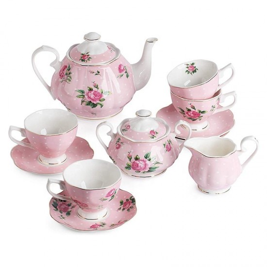 Floral Gold Pattern Banquet Eco-Friendly Fine Bone China 17pcs Coffee Tea Set for Cups and Saucer pink Color Shining Golden Line