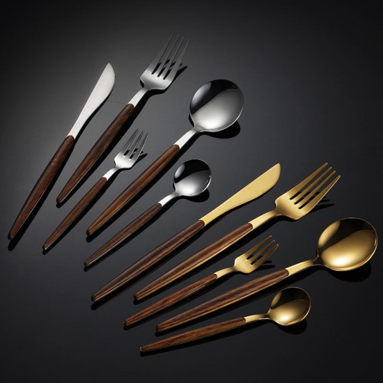 Luxury Portable Wood Handle Gold Silver Stainless Steel Tableware Flatware Silverware Fork Spoon Knife Cutlery Box Set