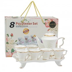 Luxury European Style White Color 8pcs Porcelain Coffee Tea Set With Gold Plated Ceramic Tea Pot and Cup Set