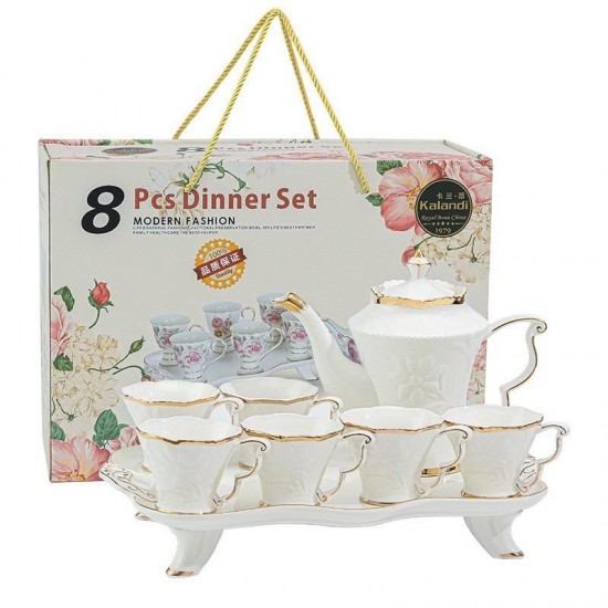 Luxury European Style White Color 8pcs Porcelain Coffee Tea Set With Gold Plated Ceramic Tea Pot and Cup Set