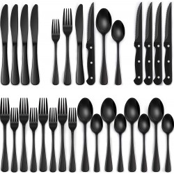 24-Piece Black Silverware Set Steak Knives Tableware Cutlery 4 Food-Grade Stainless Steel Utensils Mirror Finished Flatware Home