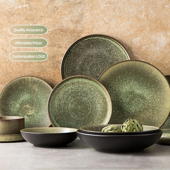 Cups Plates Sets Dinnerware Restaurant Rustic Style Vajillas De Porcelana Green Glazed Ceramic Dinner Plate Set Nordic