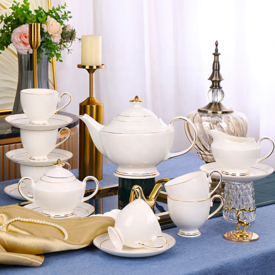 Luxury Golden Line Tea Pot Set Ceramic Porcelain Drinkware China Tea and Coffee Set