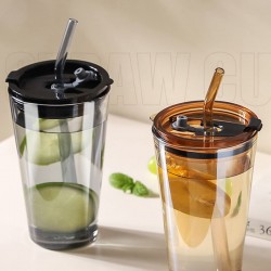 Glass 450ml Drinkware with Lid and Straw Reusable Water Bottle Tea Milk Cup Iced Coffee Cup