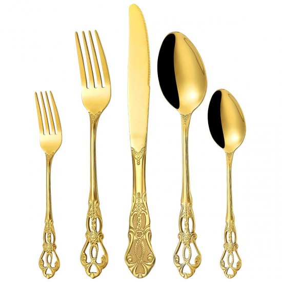 Wholesale High Quality Retro Silverware Golden Vintage Flatware Fork Knife Spoon Stainless Steel Gold Cutlery Set