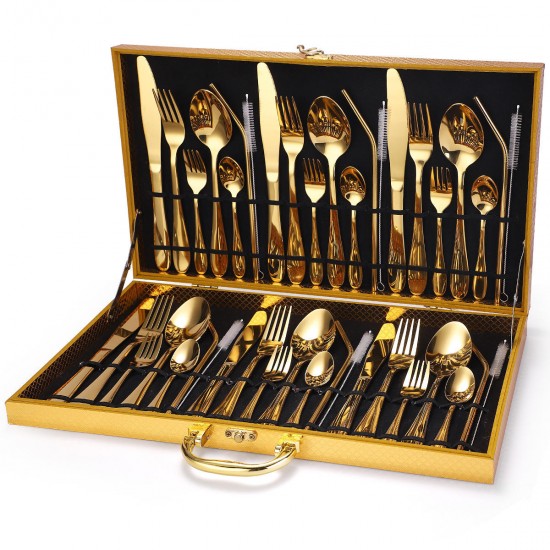 Stainless Steel Tableware Set 42pcs Household Product Knife, Fork, Spoon and Straw Cutlery Set Gift Box