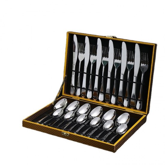 low moq 24 pcs 1010 luxury cutlery set 410 plated gold flatware stainless steel knife fork and spoon dinnerware with wooden box